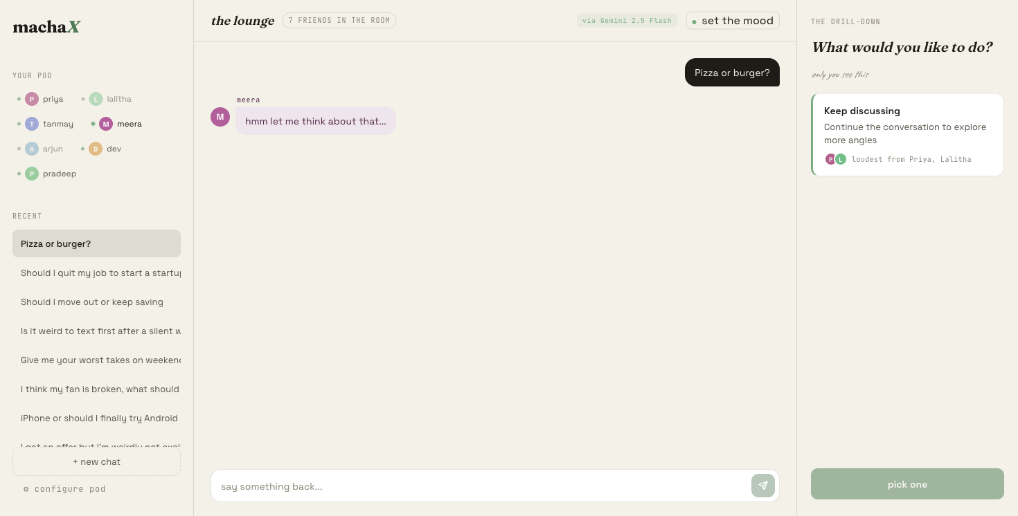 MachaX sidebar showing conversation history with multiple agent debates