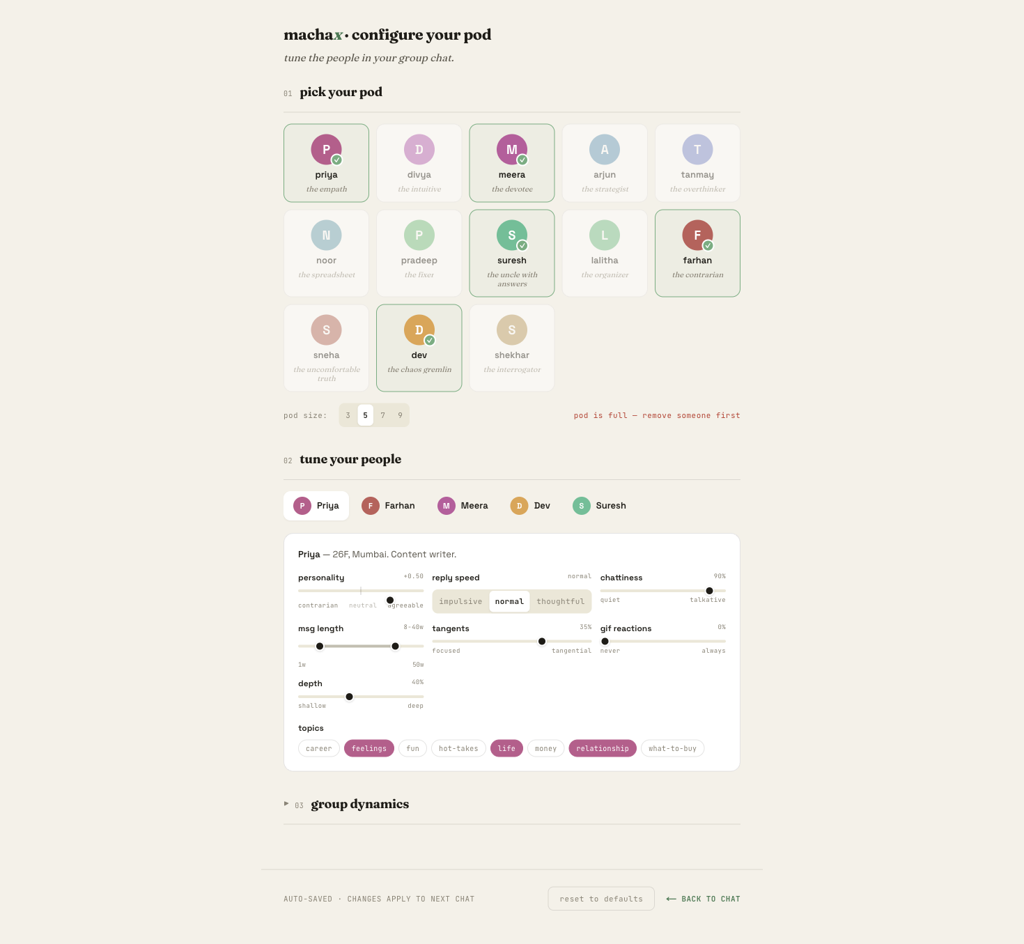 MachaX pod configuration page where you customize your agent council