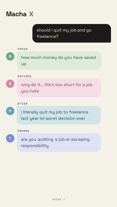 MachaX mobile card showing agents debating a freelance career question
